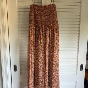 Joie Ambroise Printed Smocked Silk Copper Midi Dress Large